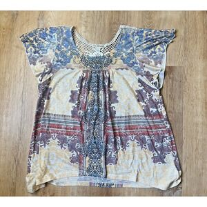 Live and Let Live Tunic Top Women L Embellished Short Sleeve‎ Crocheted Boho